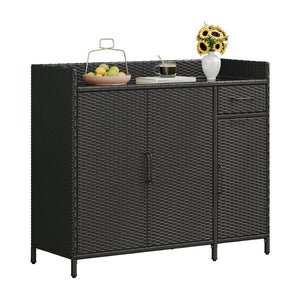 English Elm K&k Outdoor Wicker Bar Cabinet with Tempered Glass Top Adjustable Shelving and Drawer Black Brown N707P233745B