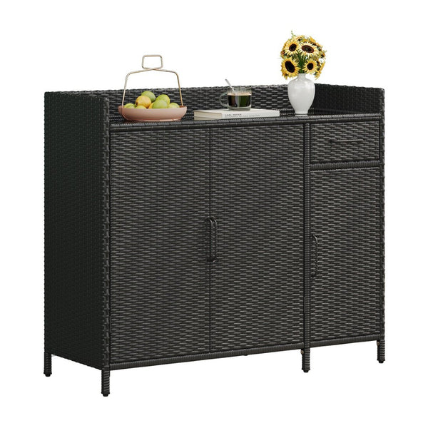 English Elm K&k Outdoor Wicker Bar Cabinet with Tempered Glass Top Adjustable Shelving and Drawer Black Brown N707P233745B
