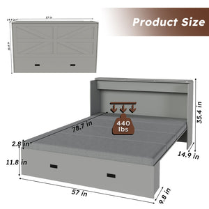 English Elm 57 Inch Murphy Bed Cabinet with Storage Drawers Charging Station and Rolling Casters Gray W509S00156