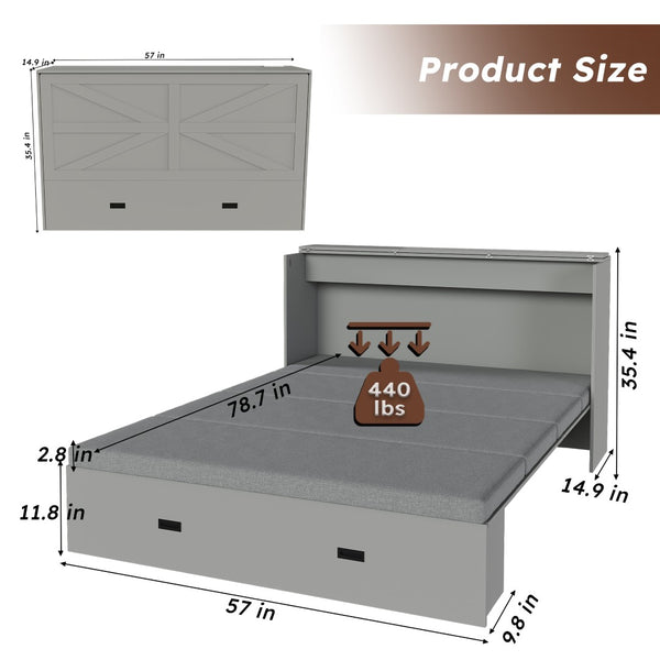English Elm 57 Inch Murphy Bed Cabinet with Storage Drawers Charging Station and Rolling Casters Gray W509S00156
