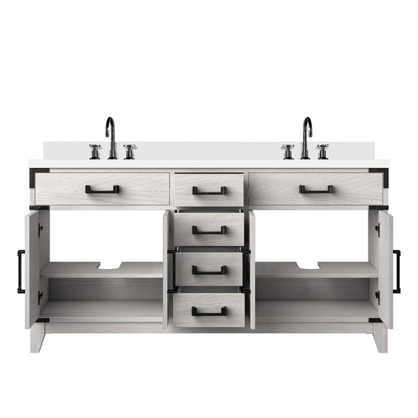 English Elm White Oak Double Bath Vanity 60" W X 22" D, White Quartz Top, Chrome Faucet & Ample Storage Options B2731P259876-GIGA