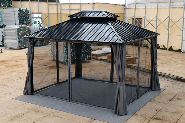 English Elm 10*10FT Aluminum Patio Gazebo with Galvanized Steel Hardtop, Double-Tier Ventilated Roof, Weatherproof Steel Gray W765S00016