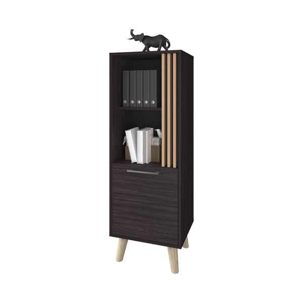 English Elm Ac Chin Storage Cabinet Wengue & Natural Oak — Mid-Century Compact Shelf with Door, Conical Legs, Versatile Elegance B128P263716
