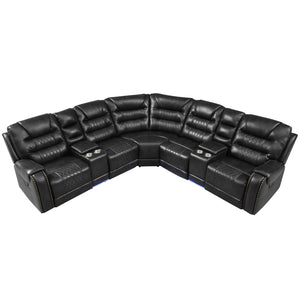 English Elm 113.5" Manual Reclining Sectional Sofa Set L-Shaped Symmetrical Motion Couch with LED Strip, 4 Cup Holders, Storage Boxes and Durable PU Leather Frame Black N719S001150B