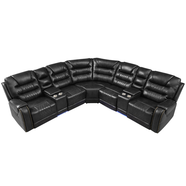 English Elm 113.5" Manual Reclining Sectional Sofa Set L-Shaped Symmetrical Motion Couch with LED Strip, 4 Cup Holders, Storage Boxes and Durable PU Leather Frame Black N719S001150B