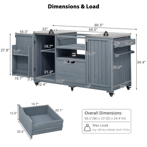 English Elm K&K 66.5" Outdoor Kitchen Island with 1.2" Stainless Steel Top, Ample Storage, Wheels & Bottle Opener Grey+Blue N707P250629G