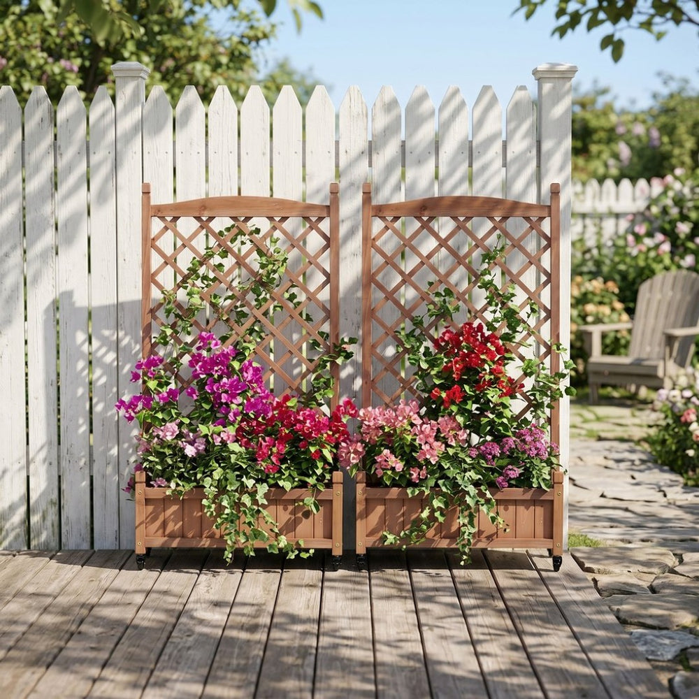 English Elm Raised Wood Planter Boxes with Integrated Trellis for Climbing Vines Set of Two D720094446