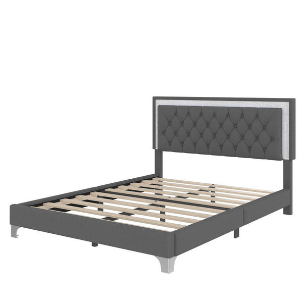 English Elm 3-Pieces Tufted Upholstered Platform Bed with Romantic LED Headboard and Two Storage Nightstands Gray 63.98 L x 23.23 W x 5.91 H N733S183659E
