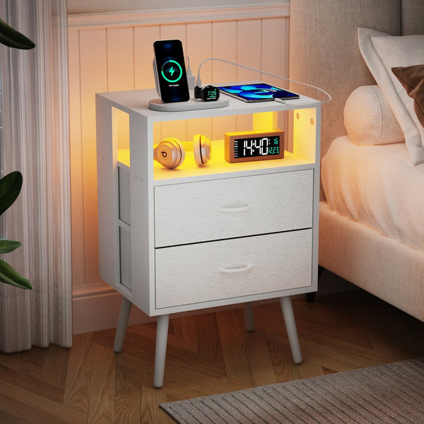 English Elm 2 Pack Modern Nightstand With Charging Station & Led Light - Stylish Fabric Drawers For Storage W1550P272169