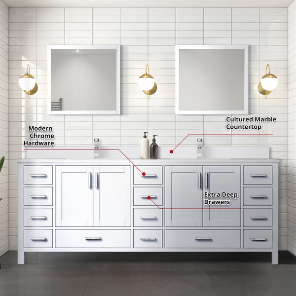 English Elm White Double Bath Vanity 84" W x 22" D with Scratch-Resistant Cultured Marble Top, Chrome Faucet & 34" Mirror B2731S01113