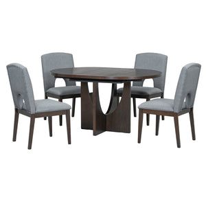 English Elm Topmax Extendable Round Dining Set with Linen Chairs and Pedestal Base Seats Five Espresso N717S000062P