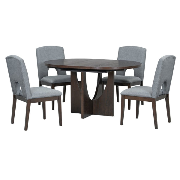 English Elm Topmax Extendable Round Dining Set with Linen Chairs and Pedestal Base Seats Five Espresso N717S000062P