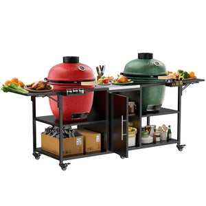 English Elm Outdoor Dual Kamado Grill Cart with Stainless Steel Top Iron Frame and Storage Cabinet W3190P328545