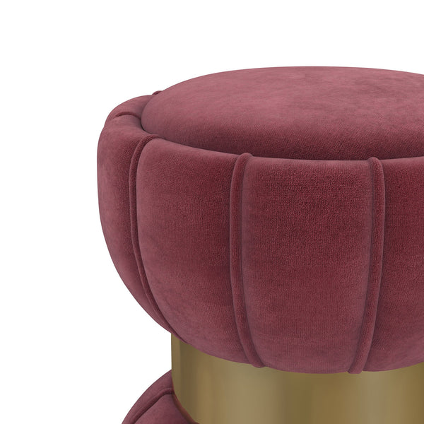 English Elm 1pc Chic Round Upholstered Ottoman Pouf Velvet Soft Vertical Piping Hourglass Silhouette Metal Band Trim Gold,Reddish Brown 18 L x 15.5 W x 15.5 H B011P362629