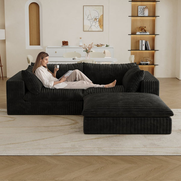 English Elm 39.8" Cloud Modular Sofa Plush Corduroy Deep Seat Feather Fill Living Room Couch Black W2824S00188