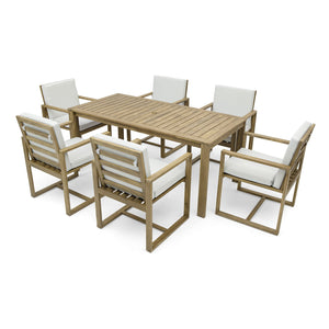 English Elm Patio Light Teak Acacia Wood Dining Set with Removable Beige Cushions, 6-Piece Outdoor Table & Chairs SZ000090AAA