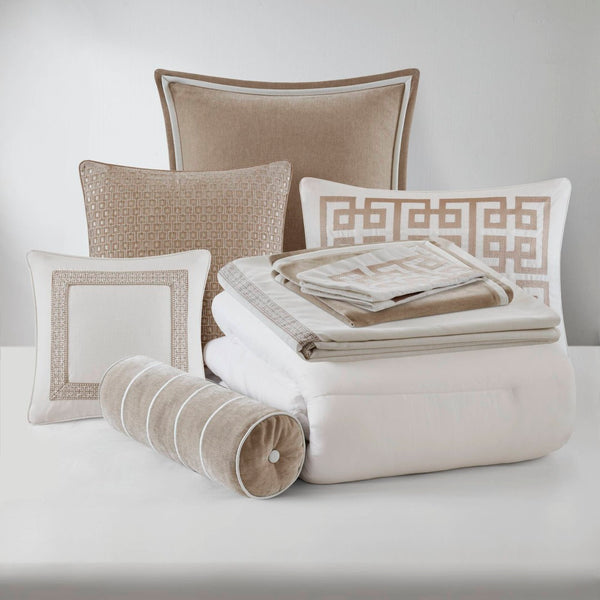 English Elm 8-piece Queen Bedding Set Slub Fabric Embroidery Velvet Accents Boutique Hotel Style Tan+Ivory B035P482955