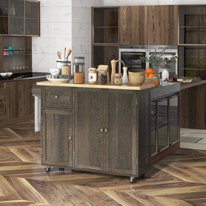 English Elm HOMCOM Rustic Rolling Kitchen Island Cart with Butcher Block Top, Drawer, 2 Cabinets & Towel Rack W2225P200933