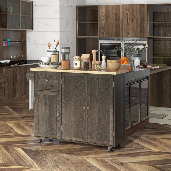 English Elm HOMCOM Rustic Rolling Kitchen Island Cart with Butcher Block Top, Drawer, 2 Cabinets & Towel Rack W2225P200933