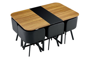 English Elm 7-piece Modern Dining Set Suede Upholstered Chairs Wood Grain Melamine Table Black,Wood W3875S00108