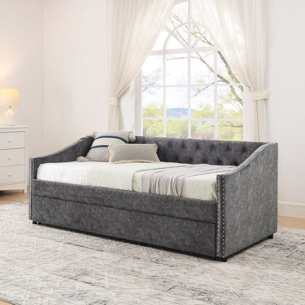 English Elm Twin Daybed with Pull Out Trundle Usb Charging Tufted Upholstered Sofa Guest Bed Grey W1413S00157
