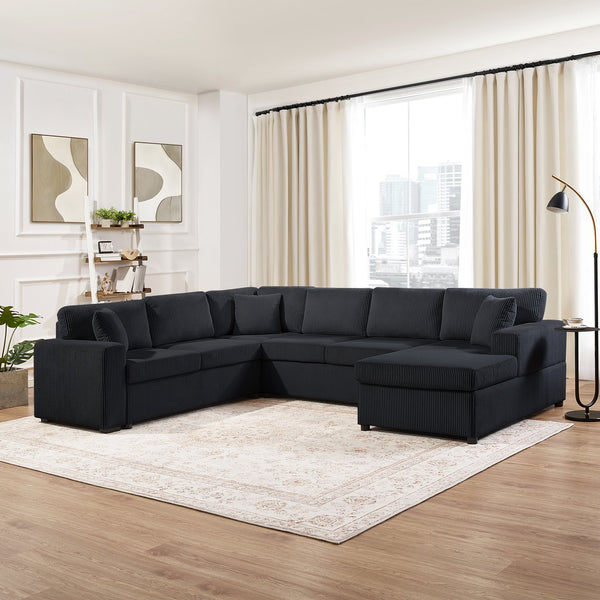 English Elm Oversized U-Shaped Sectional Sofa with Corduroy Upholstery, Deep Cushions, Chaise and 3 Pillows (115.3") Black N719S002060B