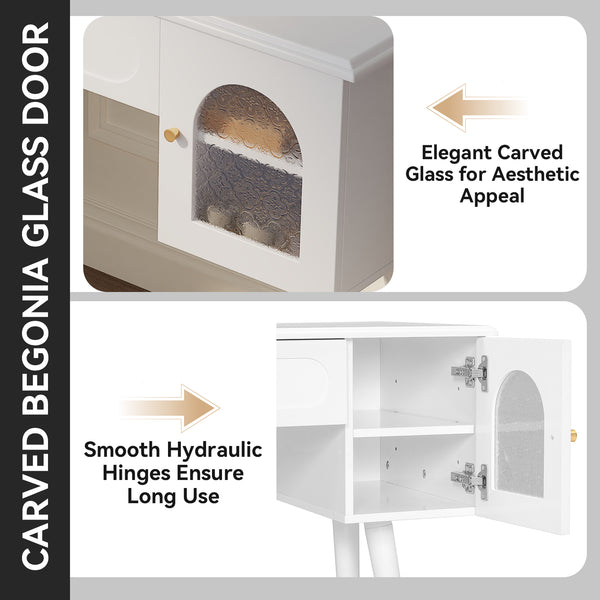 English Elm Elegant Vanity Makeup Table with Charging Station & Carved Glass Door, Sturdy Stool Included White N844P285188A