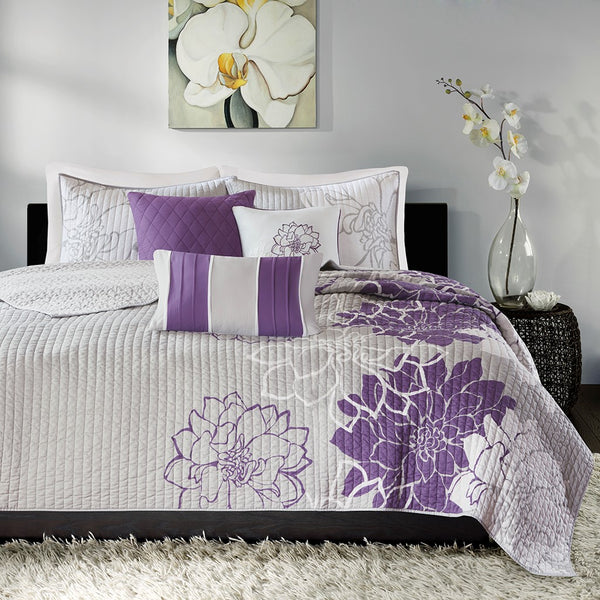 English Elm 6 Piece Reversible Cotton Quilt Set With Decorative Pillows - Floral Taupe Grey/Purple King Set B03597429