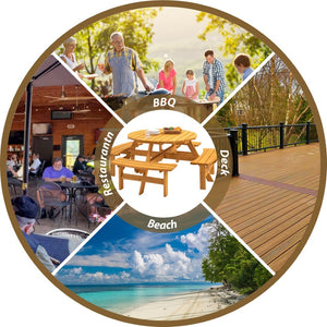 English Elm 8 Person Round Fir Wood Picnic Table with Four Built-in Benches for Outdoor Dining W1422P354744