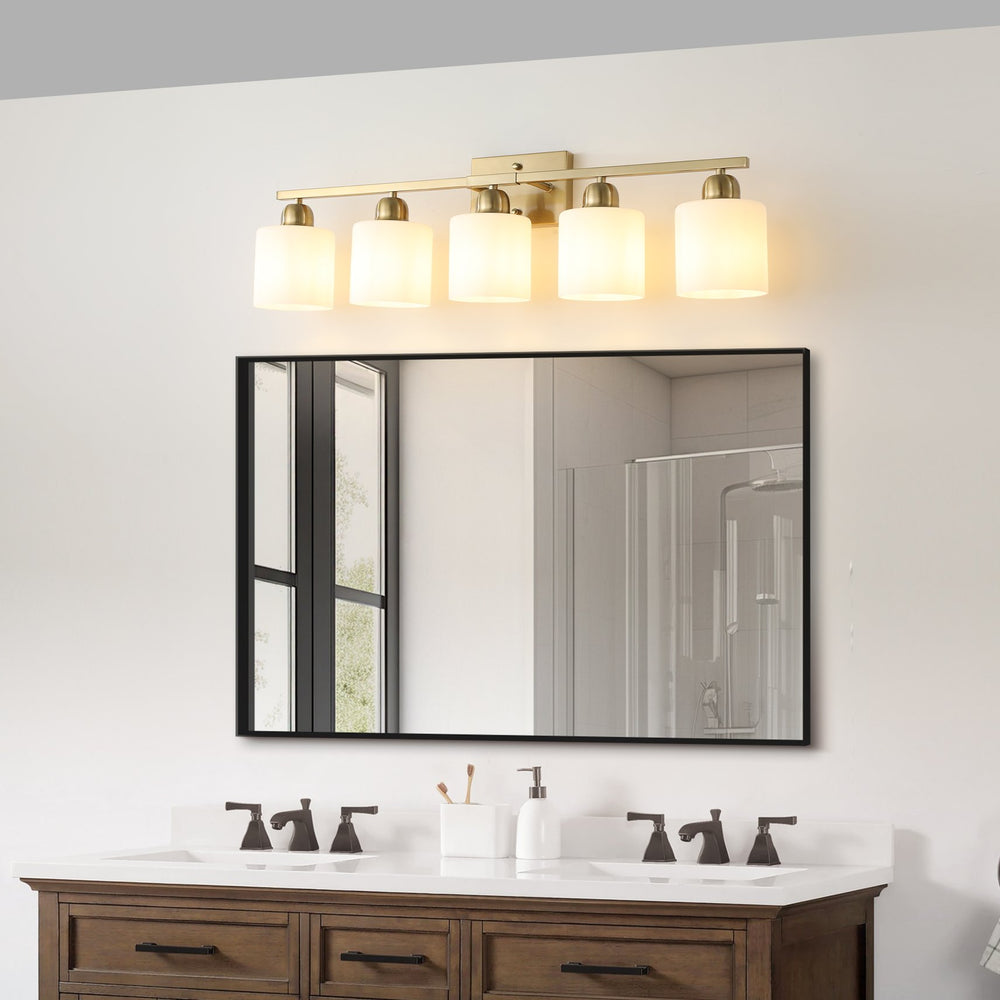 English Elm Gold 5-Light Modern Vanity Light Fixture Over Mirror With Frosted Glass Shades For Elegant Illumination W2312P374857
