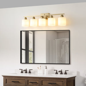 English Elm Gold 5-Light Modern Vanity Light Fixture Over Mirror With Frosted Glass Shades For Elegant Illumination W2312P374857