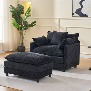English Elm 39.4" Chenille Club Chair with Ottoman Solid Wood Frame for Living Room or Bedroom Black W3244P392667