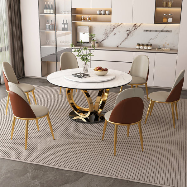 English Elm 53" Round Dining Table With 360° Lazy Susan - Stain-Resistant Sintered Stone For Modern Homes W2699S00034