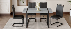 English Elm Table Set: Modern Minimalist Grey Marble Dining Table With 4 Black Pu Leather Chairs & Metal Frame W1151S02683-GIGA