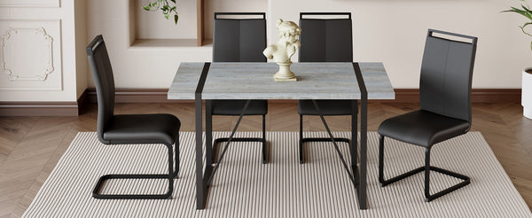 English Elm Table Set: Modern Minimalist Grey Marble Dining Table With 4 Black Pu Leather Chairs & Metal Frame W1151S02683-GIGA