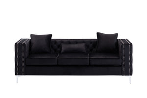 English Elm Noir Black Velvet Sofa with Button Tufting Nailhead Trim and Chrome Legs B2749S00132