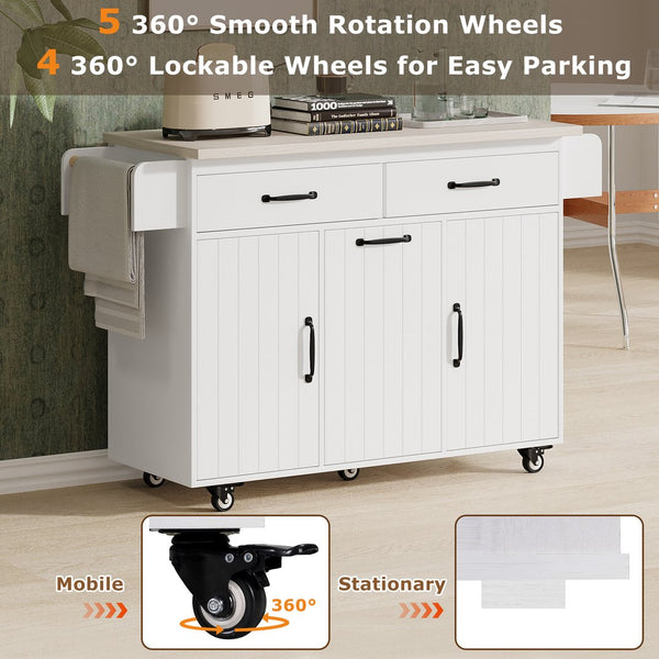 English Elm K&K Kitchen Island with Tilt-Out Trash Can, Drop Leaf Counter, Adjustable Shelf, Rolling Cart Ameican White Oak WF326381AAW