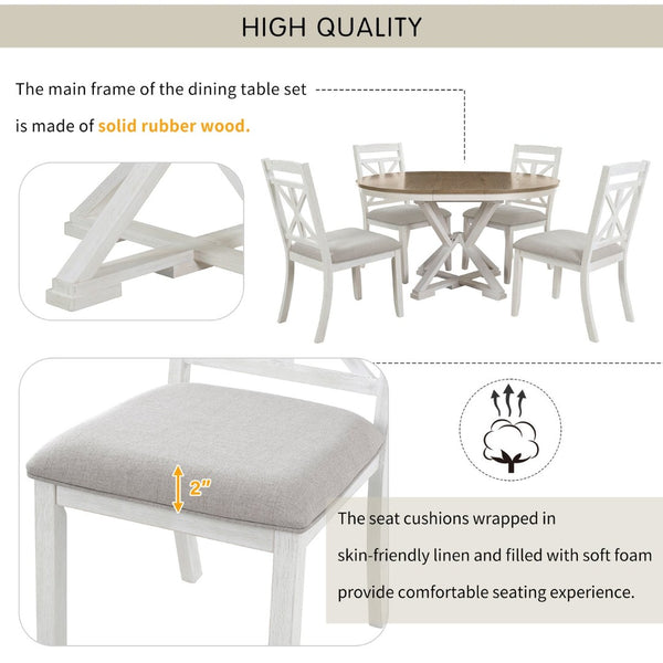 English Elm Trexm Retro Extendable Round Dining Set with Four Linen Upholstered Chairs Rubberwood Brown + Antique White ST000141AAD-2026