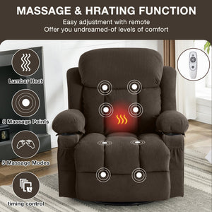 English Elm Swinging Velvet Recliner Chair with Massage Heat Usb Port and 360 Swivel Lounge Seat Brown W1807P298214