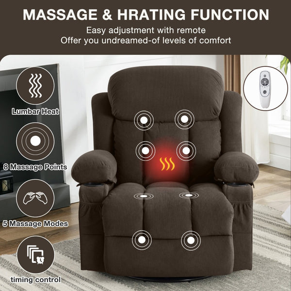 English Elm Swinging Velvet Recliner Chair with Massage Heat Usb Port and 360 Swivel Lounge Seat Brown W1807P298214