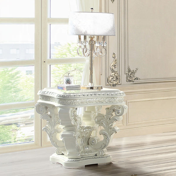 English Elm Antique Sculpted Pedestal End Table with Silver Trim, Raised Scroll Molding, Vintage Floral Accents (29"H) B062P215420