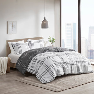 JLA Home Intelligent Design - Plaid Reversible Comforter Set with White & Gray Windowpane Plaid, Antimicrobial, Stain-Release Finish ID10-2201
