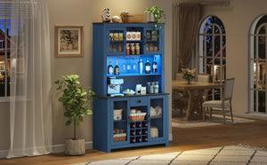 English Elm 70.9" Farmhouse Hutch Pantry with Led Lighting Wine Rack Mesh Doors and Built-in Power Navy Blue CH361426AAL