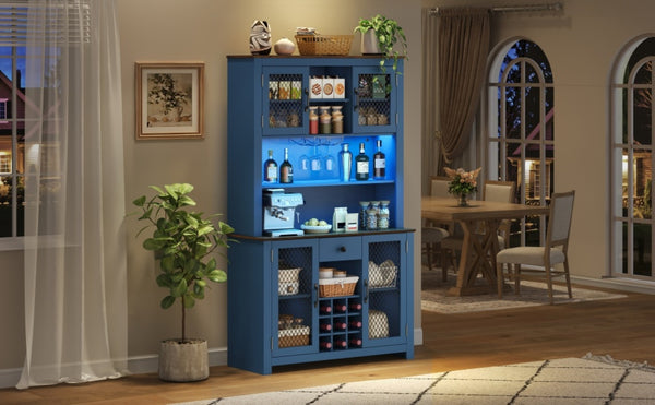 English Elm 70.9" Farmhouse Hutch Pantry with Led Lighting Wine Rack Mesh Doors and Built-in Power Navy Blue CH361426AAL