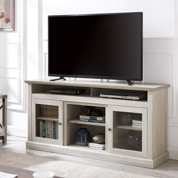 English Elm Contemporary Stone Gray TV Stand 60" Modern Entertainment Console for TVs up to 65" with Glass Cabinets and Adjustable Shelves W2275P389702