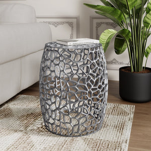 English Elm Aluminum Open Lattice Drum Accent Table Handcrafted Brushed Metallic Glam Side Piece Nickel N771P241821G