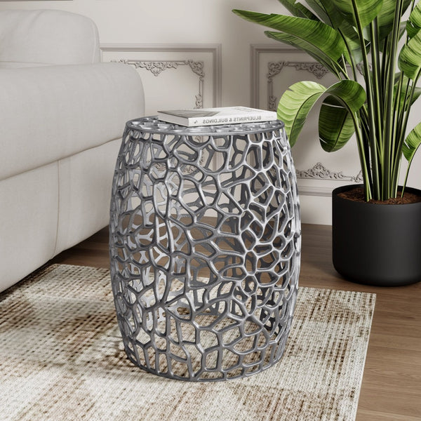 English Elm Aluminum Open Lattice Drum Accent Table Handcrafted Brushed Metallic Glam Side Piece Nickel N771P241821G