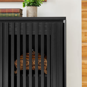 English Elm Mid Fluted Hollowed Sideboard Cabinet with Outlet Holes, Mid Century Storage Buffet for Entryway, Dining Black W1801P288511