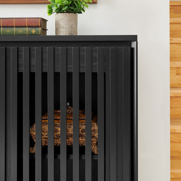 English Elm Mid Fluted Hollowed Sideboard Cabinet with Outlet Holes, Mid Century Storage Buffet for Entryway, Dining Black W1801P288511