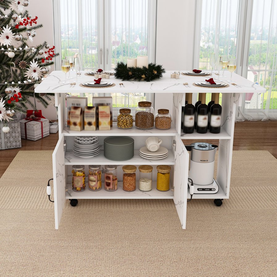 English Elm Multi-Functional Folding Table with Wheels and Hidden Shelves, 47" Space-Saving Desk for Small Rooms White W2700P342543